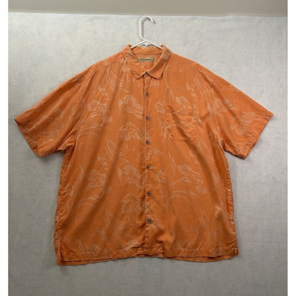 Tommy Bahama Men's XXL Orange 100% Silk Floral Tropical Hawaiian Camp Shirt